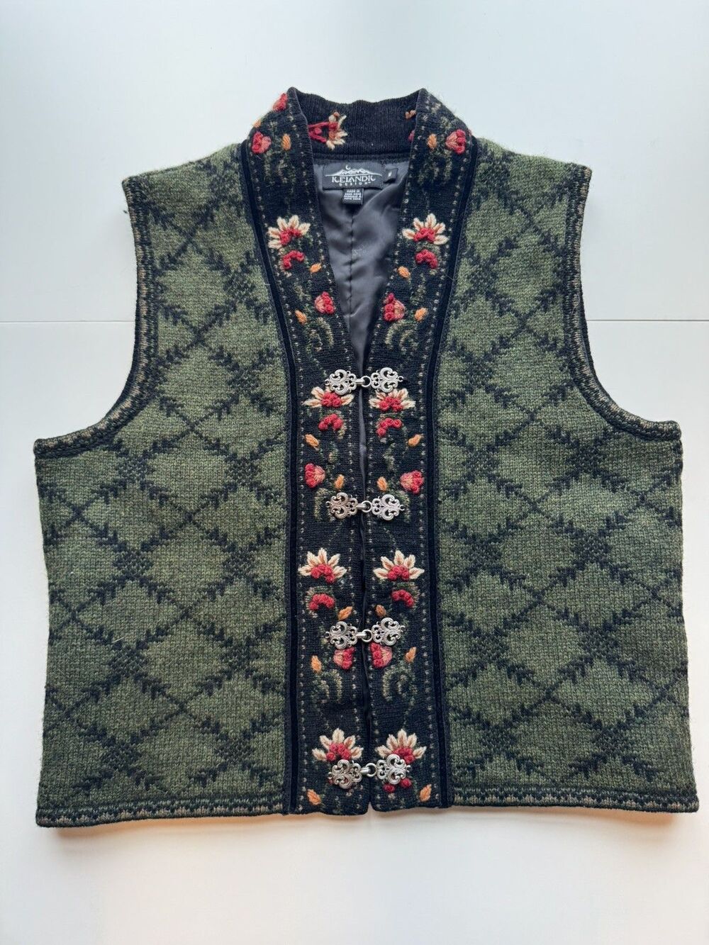 Icelandic Design Floral Embroidered Green Wool Vest Nordic Design Women's Medium